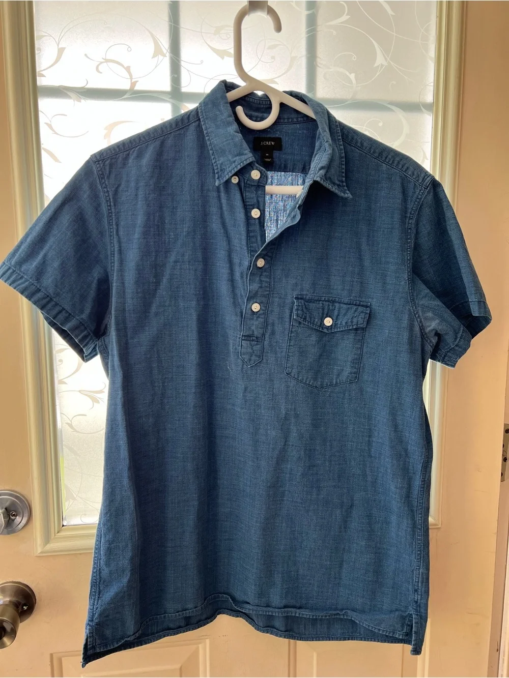 J. Crew Men's Denim-Look Blue Short Sleeve Button Down Polo